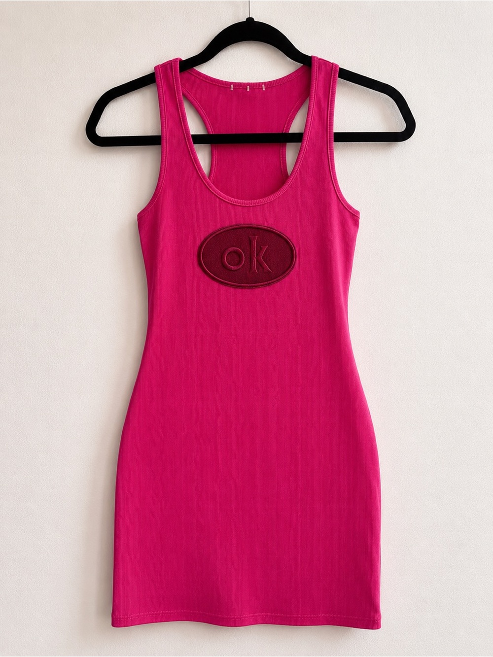 Hot Pink Racerback Tank Dress with Embroidered 'ok' Patch